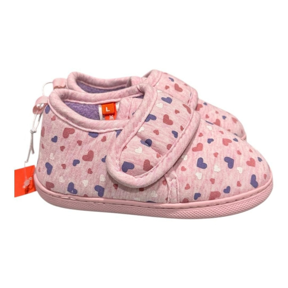 Joe Fresh Slippers Girls Size 10 Pink Heart Print Hook Loop House Shoes Cozy